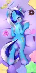 Size: 886x1772 | Tagged: safe, artist:darksly, derpibooru import, minuette, pony, unicorn, bedroom eyes, blushing, body pillow, body pillow design, butt, commission, donut, duster, female, food, image, jpeg, lying down, mare, pillow, plot, prone, shutter shades, solo, sunglasses, underhoof