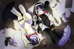 Size: 4096x2705 | Tagged: safe, artist:lockheart, derpibooru import, oc, oc:nunpone, clothes, feather, gun, handgun, image, jpeg, latex, latex leotard, latex socks, latex suit, nun, nun outfit, pistol, shell casing, socks