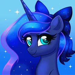 Size: 4000x4000 | Tagged: safe, artist:confetticakez, derpibooru import, princess luna, alicorn, pony, bow, bust, cute, female, gradient background, hair bow, image, jpeg, looking at you, lunabetes, mare, smiling, smiling at you, solo, sparkles