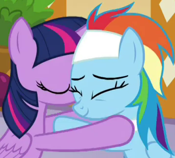 Size: 359x324 | Tagged: safe, derpibooru import, screencap, rainbow dash, twilight sparkle, twilight sparkle (alicorn), alicorn, pegasus, pony, deep tissue memories, spoiler:deep tissue memories, spoiler:mlp friendship is forever, comforting, cropped, cute, duo, eyes closed, female, hug, image, mare, massage table, png, ponyville spa, sitting, smiling, spa pony rainbow dash, wings