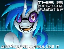 Size: 3000x2300 | Tagged: safe, artist:zeffdakilla, derpibooru import, vinyl scratch, pony, unicorn, broken glass, broken glasses, creepy, dubstep, glasses, gradient background, image, insanity, looking at you, png, pointing at you, raised hoof, red eyes, scrunchy face, shattered glass, smiling, solo, text