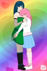 Size: 1440x2160 | Tagged: safe, artist:mixermike622, derpibooru import, queen chrysalis, oc, oc:chrystina, oc:fluffle puff, human, barely pony related, blushing, canon x oc, chrysipuff, duo, duo female, eyes closed, face in breasts, female, floof'n'friends, heart, heart background, height difference, hug, humanized, image, jpeg, lesbian, pride flag, rainbow background, shipping, smiling