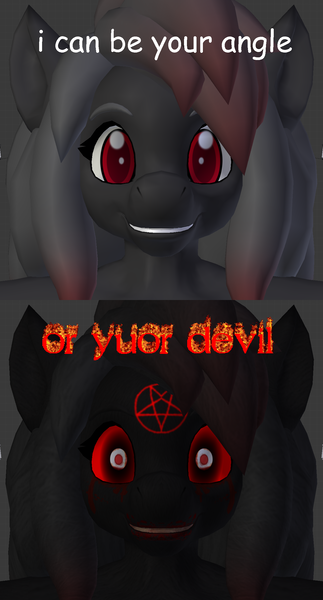 Size: 1213x2250 | Tagged: semi-grimdark, derpibooru import, oc, oc:blood stain, anthro, 3d, blender, blood, bloody mouth, caption, comic sans, crying, image, looking at you, meme, misspelling, pentagram, png, smiling, tears of blood, text