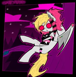Size: 2150x2192 | Tagged: safe, artist:xxv4mp_g4z3rxx, derpibooru import, oc, oc:batty bliss, unofficial characters only, bat pony, pony, bat pony oc, bat wings, blonde tail, choker, clothes, cloud, emo, fangs, forest, image, leg warmers, night, piercing, png, ponytail, red eyes, scar, self harm, self harm scars, sitting, solo, stars, tail, tree, two toned mane, wings