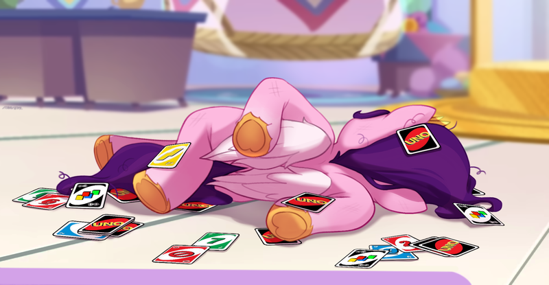 Size: 2112x1096 | Tagged: safe, artist:maren, derpibooru import, part of a set, pipp petals, pegasus, pony, g5, card, diadem, family guy death pose, female, folded wings, headband, hoof heart, image, jewelry, lying down, mare, messy mane, ouch, png, regalia, side, this did not end well, underhoof, uno, wings