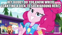 Size: 1336x752 | Tagged: suggestive, derpibooru import, edit, edited screencap, screencap, pinkie pie, equestria girls, caption, image, image macro, implied blowjob, implied oral, implied sex, jpeg, looking at you, talking to viewer, text