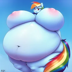 Size: 640x640 | Tagged: suggestive, ai content, derpibooru import, rainbow dash, anthro, belly, breasts, fat, image, nipples, nudity, obese, png, rainblob dash
