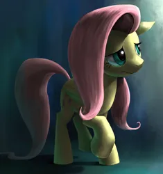 Size: 1600x1700 | Tagged: safe, artist:murskme, derpibooru import, fluttershy, pegasus, pony, female, floppy ears, image, jpeg, mare, not happy, raised hoof, solo, standing, wavy mouth, worried