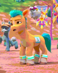 Size: 1088x1360 | Tagged: safe, derpibooru import, screencap, cloudpuff, hitch trailblazer, dog, earth pony, pomeranian, pony, unicorn, g5, my little pony: make your mark, spoiler:my little pony: make your mark chapter 4, armband, backing away, bing bong, blaze (coat marking), coat markings, cute, duo focus, embarrassed, facial markings, floppy ears, flying, flying pomeranian, gif, grin, hitchbetes, image, looking at you, male, my little pony: make your mark chapter 4, nervous, nervous grin, pale belly, smiling, socks (coat marking), stallion, surprised, the jinxie games, winged dog