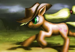 Size: 2000x1400 | Tagged: safe, artist:murskme, derpibooru import, applejack, earth pony, pony, applejack's hat, cowboy hat, determined, female, hat, image, jpeg, mare, motion blur, running, solo