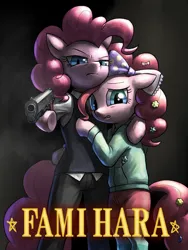 Size: 1500x2000 | Tagged: safe, artist:murskme, derpibooru import, pinkie pie, earth pony, semi-anthro, bow, caption, clothes, duality, famihara, gun, hair bow, image, jacket, jpeg, m1911, self paradox, self ponidox, sweater vest, text, weapon
