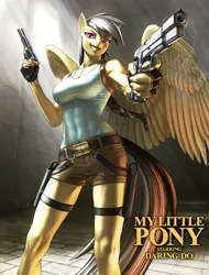 Size: 2200x2900 | Tagged: safe, artist:murskme, derpibooru import, daring do, anthro, pegasus, abs, armpits, braid, breasts, clothes, crossover, dual wield, female, grin, gun, hi-power, high res, image, jpeg, lara croft, muscles, parody, ponytail, poster, shorts, smiling, solo, tied hair, title drop, tomb raider, weapon
