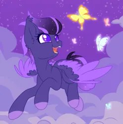Size: 1973x1989 | Tagged: safe, artist:olivi, derpibooru import, oc, oc:shadow galaxy, unofficial characters only, butterfly, insect, pegasus, pony, cloud, commission, cute, ear fluff, ethereal mane, female, flying, hooves, image, mare, open mouth, pegasus oc, png, smiling, solo, starry mane, starry tail, stars, tail, wings, ych result