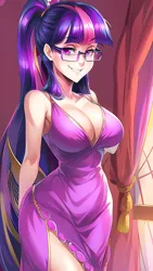 Size: 864x1536 | Tagged: safe, derpibooru import, editor:sammykun, machine learning generated, novelai, stable diffusion, sci-twi, twilight sparkle, human, absolute cleavage, adorasexy, ai content, big breasts, breasts, cleavage, clothes, cute, dress, female, glasses, humanized, image, long dress, long hair, looking at you, png, prompter:sammykun, request, requested art, sexy, simple background, smiling, smirk, solo, teeth, tight clothing, vacuum sealed clothing