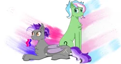 Size: 1573x828 | Tagged: safe, artist:nismorose, derpibooru import, oc, oc:anon, oc:anonfilly, oc:belldrums, bat pony, earth pony, pony, bat pony oc, bat wings, bisexual, bisexual pride flag, cheek fluff, chest fluff, digital art, ear fluff, ear tufts, fangs, female, filly, flag, image, jpeg, lying down, multicolored hair, multicolored mane, multicolored tail, pride, pride flag, pride month, sitting, slit pupils, tail, transgender, transgender pride flag, wings