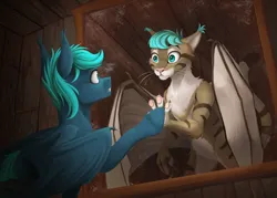 Size: 1920x1372 | Tagged: safe, artist:klarapl, derpibooru import, oc, oc:guttatus, unofficial characters only, anthro, bat pony, cat, pony, alternate universe, anthro oc, bat pony oc, bat wings, ear tufts, furry, image, indoors, jpeg, looking at each other, looking at someone, mirror, spread wings, touch, wings