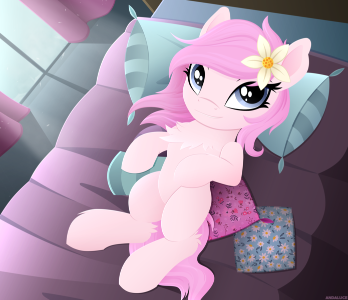 Size: 2612x2254 | Tagged: safe, artist:andaluce, derpibooru import, oc, oc:kayla, earth pony, pony, bed, bedroom, chest fluff, cute, female, filly, foal, image, lineless, mare, png, smiling, solo