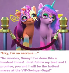 Size: 647x683 | Tagged: suggestive, derpibooru import, edit, edited screencap, screencap, izzy moonbow, sunny starscout, g5, my little pony: make your mark, spoiler:my little pony: make your mark chapter 4, spoiler:myms04e05, bodypaint, duckface, image, implied orgy, makeup, mask, masquerade mask, my little pony: make your mark chapter 4, png, ponestrip, the manesquerade ball
