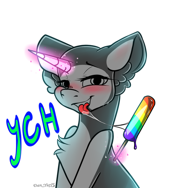 Size: 1824x1824 | Tagged: suggestive, alternate version, artist:yuris, derpibooru import, pony, unicorn, advertisement, auction, auction open, blushing, commission, drool, ears up, food, ice cream, image, lgbt, magic, open mouth, png, pride, pride flag, pride month, sea salt ice cream, simple background, solo, telekinesis, tongue out, white background, ych sketch, your character here