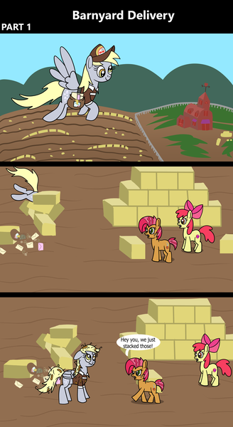 Size: 1920x3516 | Tagged: safe, artist:platinumdrop, derpibooru import, apple bloom, babs seed, derpy hooves, earth pony, pegasus, pony, comic:barnyard delivery, 3 panel comic, accident, angry, bag, barn, clothes, comic, commission, crash, delivery, disheveled, envelope, farm, female, filly, flying, foal, food, hat, hay, hay bale, i just don't know what went wrong, image, mailmare, mailmare hat, mailmare uniform, mare, muffin, png, speech bubble, spread wings, sweet apple acres, uniform, wings, yelling