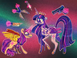 Size: 2048x1536 | Tagged: safe, artist:mrraapeti, derpibooru import, sunny starscout, twilight sparkle, twilight sparkle (alicorn), alicorn, pony, g5, my little pony: a new generation, folded wings, glow, glowing horn, gun, horn, image, knife, magic, magic aura, png, race swap, scissors, spread wings, sunnycorn, syringe, telekinesis, weapon, wings