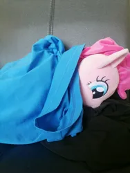 Size: 3000x4000 | Tagged: safe, derpibooru import, pinkie pie, earth pony, pony, blanket, chair, clothes, cute, diapinkes, female, image, irl, jpeg, mare, photo, pinkie pie plushie, plushie, resting, seat, shirt, sleepy, smiling, solo, t-shirt