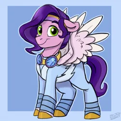 Size: 1200x1200 | Tagged: safe, artist:rutkotka, derpibooru import, pipp petals, pegasus, pony, g5, clothes, female, flight suit, goggles, image, jpeg, jumpsuit, looking at you, simple background, smiling, solo, spread wings, wings
