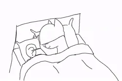 Size: 750x500 | Tagged: safe, artist:anonymous, oc, oc:anon, unofficial characters only, original species, plane pony, pony, predator drone, bed, blanket, body pillow, image, jpeg, monochrome, plane, sleeping, solo