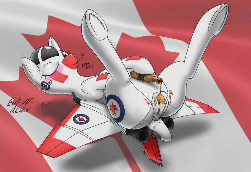 Size: 1868x1284 | Tagged: questionable, artist:anearbyanimal, edit, oc, oc:arrow, unofficial characters only, original species, plane pony, pony, avro arrow, blushing, butt, canada, female, flag, flirting, food, foodplay, image, kissy face, legs in air, looking at you, maple syrup, on back, one eye closed, plane, plot, png, roundel, solo, solo female, talking, talking to viewer, underhoof, wink