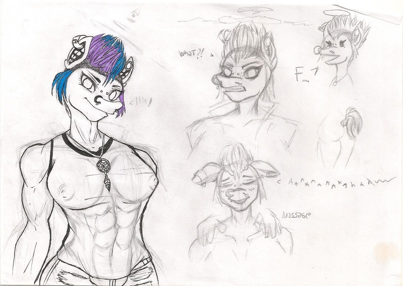 Size: 1652x1174 | Tagged: questionable, artist:ianmata1998, derpibooru import, oc, unnamed oc, anthro, earth pony, colored sketch, female, image, jpeg, muscles, muscular female, piercing, scanned, short hair, sketch, solo, traditional art, unfinished art