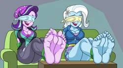 Size: 4488x2481 | Tagged: suggestive, alternate version, artist:art-2u, derpibooru import, starlight glimmer, trixie, human, equestria girls, ankle tied, arm behind back, barefoot, blindfold, bondage, breasts, busty starlight glimmer, busty trixie, feet, fetish, foot fetish, image, jpeg, laughing, soles, tied up
