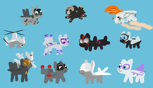 Size: 520x300 | Tagged: safe, alternate version, artist:andromailus, oc, oc:air liner, oc:berkut, oc:blitz, oc:cloudwalker, oc:morgan, oc:pluto, oc:skybreaker, oc:val, unofficial characters only, original species, plane pony, pony, predator drone, a-10 thunderbolt ii, ace combat, adfx-02 morgan, blue background, boeing 737, cruise missile, drone, f-35 lightning ii, female, frown, image, mig-25, mq-8 fire scout, plane, png, rocket, simple background, smiling, sr-71 blackbird, su-47, tiny, tiny ponies, xb-70 valkyrie