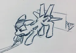 Size: 2216x1535 | Tagged: safe, artist:jh, oc, unofficial characters only, original species, plane pony, pony, aircraft carrier, catapult, f/a-18 hornet, female, image, jet, jet fighter, jpeg, mare, mouth hold, plane, solo, traditional art