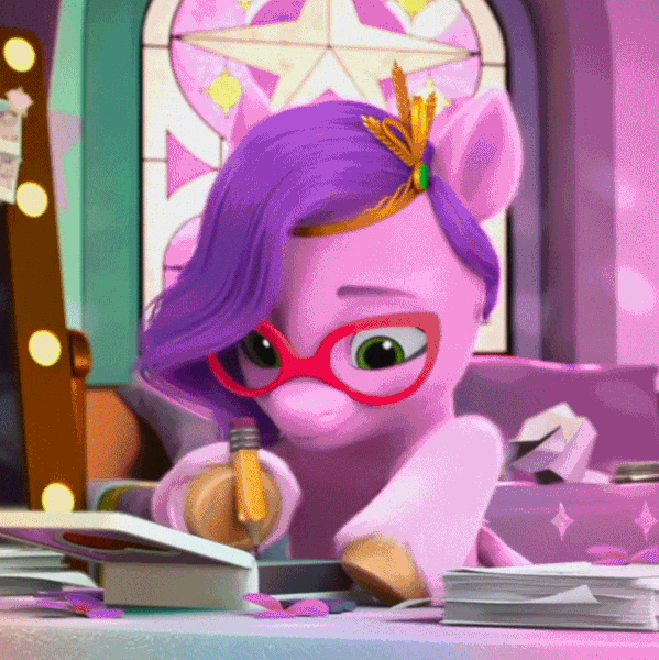Size: 800x801 | Tagged: safe, derpibooru import, screencap, pipp petals, pegasus, pony, g5, my little pony: make your mark, spoiler:bridlewoodstock, spoiler:my little pony: make your mark, spoiler:my little pony: make your mark chapter 4, spoiler:myms04e01, absurd file size, absurd gif size, adorapipp, animated, cropped, cute, gif, glasses, happy, image, magnetic hooves, my little pony: make your mark chapter 4, pencil, smiling, solo, thinking, writing