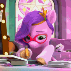 Size: 800x801 | Tagged: safe, derpibooru import, screencap, pipp petals, pegasus, pony, g5, my little pony: make your mark, spoiler:bridlewoodstock, spoiler:my little pony: make your mark, spoiler:my little pony: make your mark chapter 4, spoiler:myms04e01, absurd file size, absurd gif size, adorapipp, animated, cropped, cute, gif, glasses, happy, image, magnetic hooves, my little pony: make your mark chapter 4, pencil, smiling, solo, thinking, writing