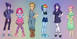 Size: 1024x521 | Tagged: safe, artist:t0byinthesky, derpibooru import, applejack, fluttershy, pinkie pie, rainbow dash, rarity, sci-twi, twilight sparkle, human, equestria girls, alternate hairstyle, applejack's hat, bag, belly button, book, boots, bracelet, clothes, cowboy boots, cowboy hat, dress, eyeshadow, female, flats, freckles, glasses, gradient background, hat, high heels, humane five, humane six, image, jewelry, jpeg, leggings, lipstick, makeup, midriff, nail polish, overalls, shirt, shoes, shorts, skirt, sneakers, socks, sports bra, sports shorts, stockings, striped socks, sweater, thigh highs