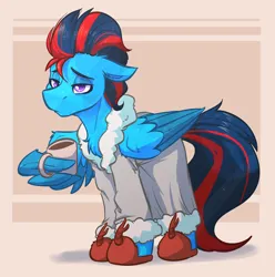 Size: 2416x2432 | Tagged: safe, artist:witchtaunter, derpibooru import, oc, oc:andrew swiftwing, crystal pony, pegasus, pony, bathrobe, chest fluff, clothes, coffee, coffee mug, commission, ear fluff, floppy ears, image, lidded eyes, male, mug, png, robe, simple background, slippers, solo, tired
