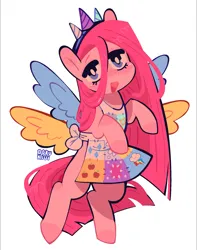Size: 1537x1947 | Tagged: safe, artist:d0kukiui, derpibooru import, pinkie pie, earth pony, pony, fanfic:cupcakes, apron, clothes, cute, cutie mark dress, diapinkes, dress, female, hairband, horn, image, mare, open mouth, pinkamena diane pie, png, simple background, solo, white background, wings