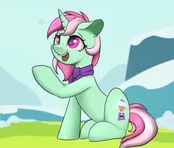 Size: 2600x2200 | Tagged: safe, artist:dumbwoofer, derpibooru import, minty bubblegum, pony, unicorn, clothes, ear fluff, female, field, grass, hill, image, looking up, mare, open mouth, png, raised hoof, scarf, sitting, smiling, snow, snowfall, snowflake, solo, winter