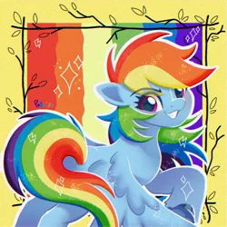 Size: 1280x1280 | Tagged: safe, artist:puyohh, derpibooru import, rainbow dash, pegasus, pony, eye clipping through hair, eyebrows, eyebrows visible through hair, grin, image, jpeg, looking at you, smiling, solo, sparkles, spread wings, wings