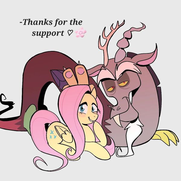 Size: 1080x1080 | Tagged: safe, artist:naquelinedelch2, derpibooru import, discord, fluttershy, draconequus, pegasus, pony, antlers, blushing, bunny ears (gesture), discoshy, duo, female, flower, heart, horn, image, interspecies, jpeg, looking at you, lying down, male, peace sign, shadow, shipping, simple background, sitting, straight, support, thank you, thanks