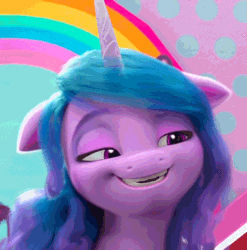 Size: 648x657 | Tagged: safe, derpibooru import, izzy moonbow, pony, unicorn, g5, my little pony: make your mark, spoiler:bridlewoodstock, spoiler:my little pony: make your mark, spoiler:my little pony: make your mark chapter 4, spoiler:myms04e01, animated, cropped, eyebrow wiggle, female, gif, image, loop, mare, my little pony: make your mark chapter 4, solo