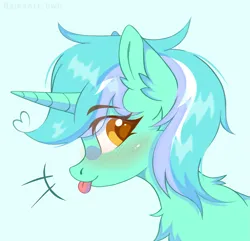 Size: 1591x1535 | Tagged: safe, artist:belkaart0w0, derpibooru import, lyra heartstrings, pony, unicorn, :p, blushing, bust, chest fluff, colored pupils, ear fluff, image, png, portrait, simple background, smiling, solo, tongue out