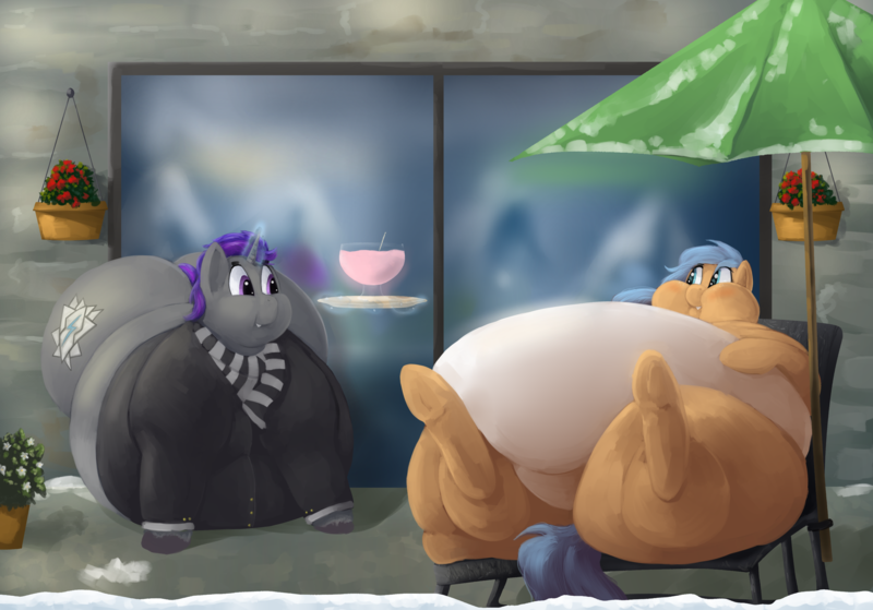 Size: 3240x2264 | Tagged: questionable, artist:lupin quill, derpibooru import, parasol, oc, oc:iva, oc:legacy lexston, unofficial characters only, earth pony, pony, unicorn, beach chair, blushing, butt, chair, chubby cheeks, clothes, door, drink, earth pony oc, fat, fat fetish, fetish, frog (hoof), fupa, glasses, grin, horn, image, lineless, magic, milkshake, morbidly obese, mountain, obese, plot, png, potted plant, reclining, reflection, scarf, smiling, snow, suit, telekinesis, tight clothing, underhoof, unicorn oc, unshorn fetlocks