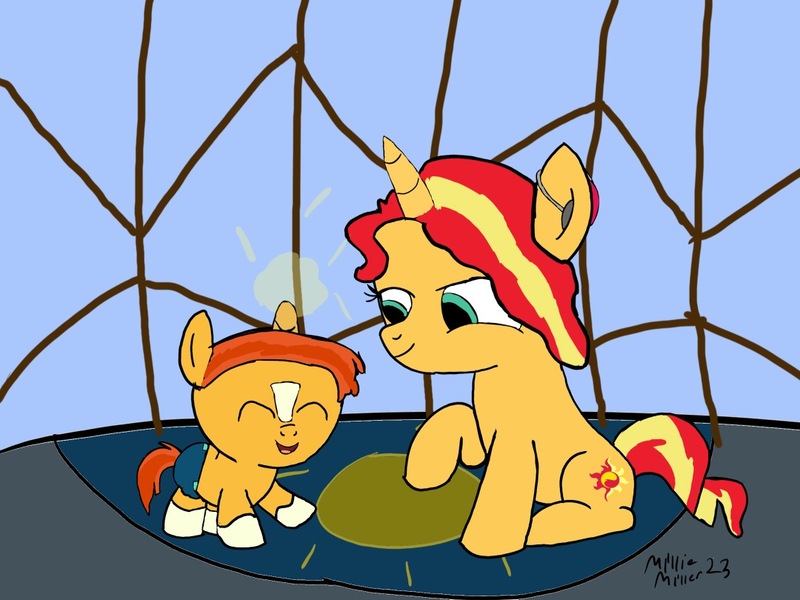 Size: 1080x810 | Tagged: safe, artist:amelia, derpibooru import, sunburst, sunset shimmer, pony, alternate hairstyle, baby, brother and sister, coat markings, colt, colt sunburst, deaf, diaper, female, filly, filly sunset shimmer, hearing aid, image, jpeg, magic, magic aura, male, siblings, socks (coat marking), sunny siblings, younger