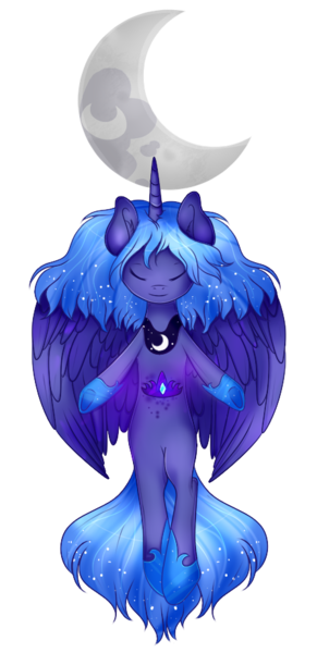 Size: 446x921 | Tagged: safe, artist:angellightyt, artist:littleamberd, derpibooru import, princess luna, alicorn, pony, semi-anthro, collaboration, crescent moon, ethereal mane, eyes closed, female, image, mare, moon, png, simple background, smiling, solo, starry mane, transparent background