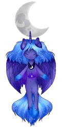 Size: 446x921 | Tagged: safe, artist:angellightyt, artist:littleamberd, derpibooru import, princess luna, alicorn, pony, semi-anthro, collaboration, crescent moon, ethereal mane, eyes closed, female, image, mare, moon, png, simple background, smiling, solo, starry mane, transparent background
