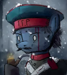 Size: 1150x1286 | Tagged: safe, artist:uteuk, derpibooru import, earth pony, pony, unicorn, blood, clothes, hat, image, military uniform, pipe, png, snow
