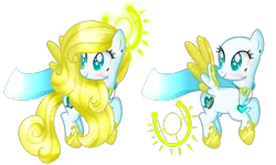 Size: 3172x1891 | Tagged: safe, artist:angellightyt, derpibooru import, oc, oc:angel light, unofficial characters only, pegasus, pony, bald, base used, colored wings, duo, female, halo, hoof shoes, image, looking back, mare, pegasus oc, png, simple background, smiling, transparent background, two toned wings, wings