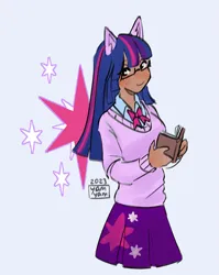 Size: 1625x2044 | Tagged: safe, artist:yam-yamyammy, derpibooru import, sci-twi, twilight sparkle, human, book, clothes, cutie mark, cutie mark background, cutie mark on clothes, eared humanization, female, glasses, hat, humanized, image, png, signature, skirt, solo